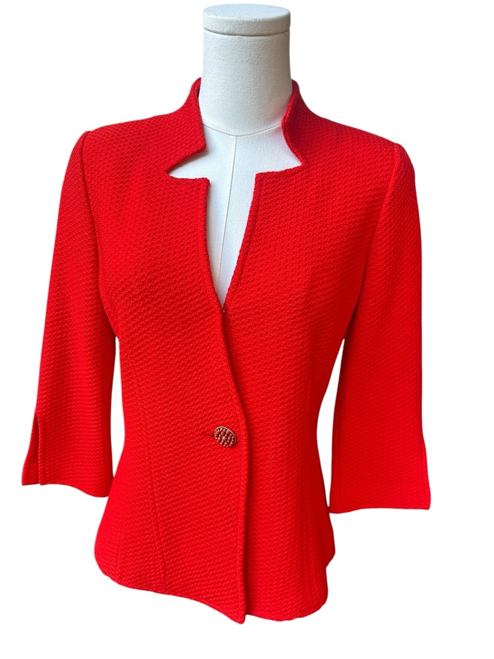 St. John Red Textured Knit Blazer Jacket Size 2 Wool Rayon USA